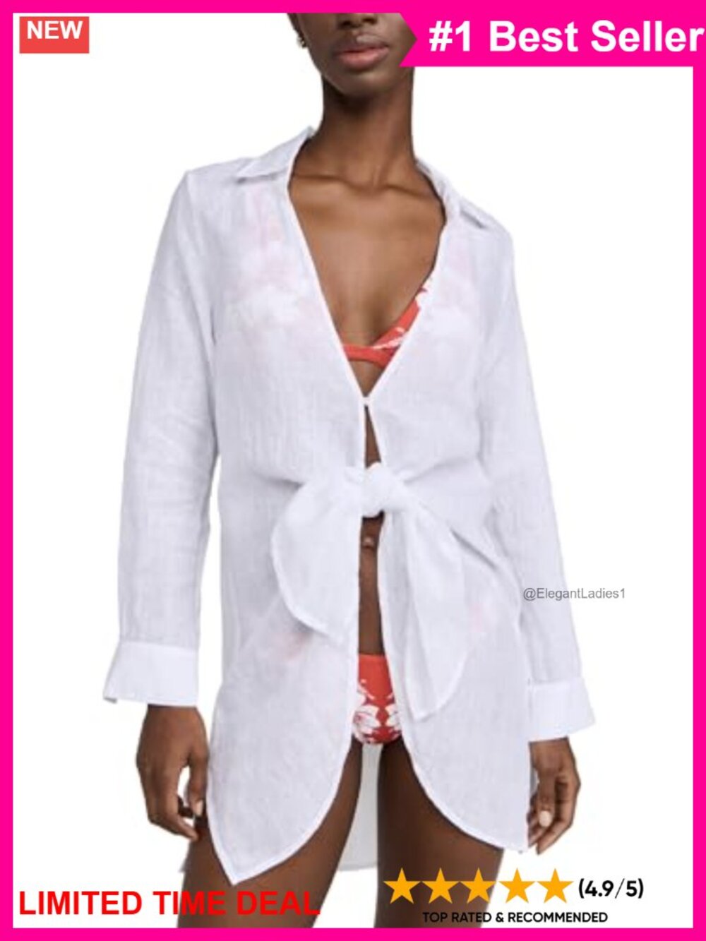 Linen Tie Cover Up Long Sleeve Collared Slit Cuffs Beach Pool